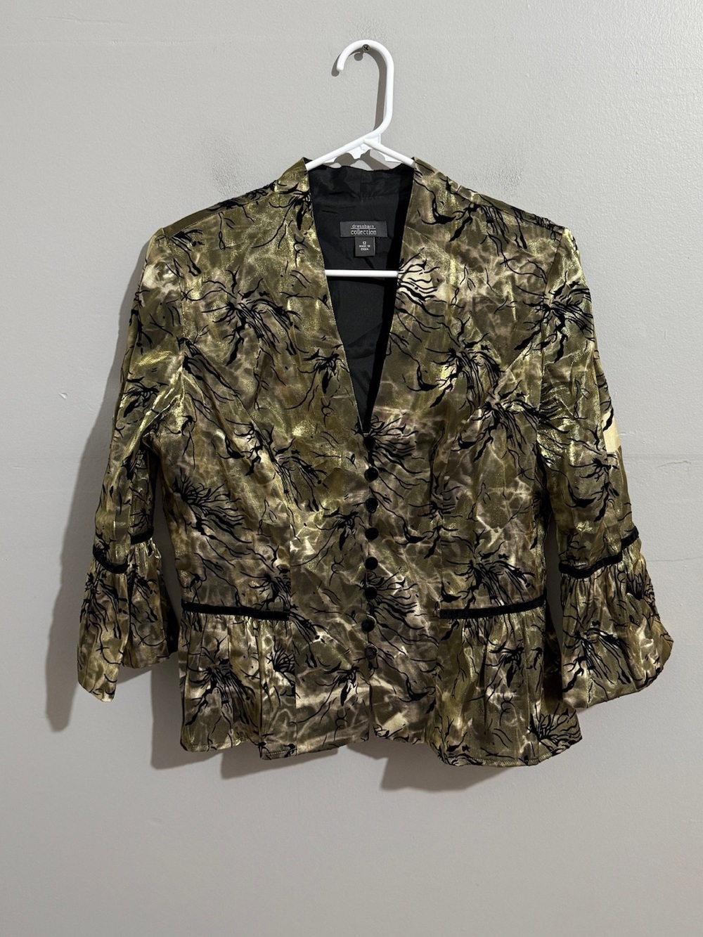 Dressbarn Blazer Womens 12 Metallic Gold Floral Bell Sleeve Y2K Evening Jacket